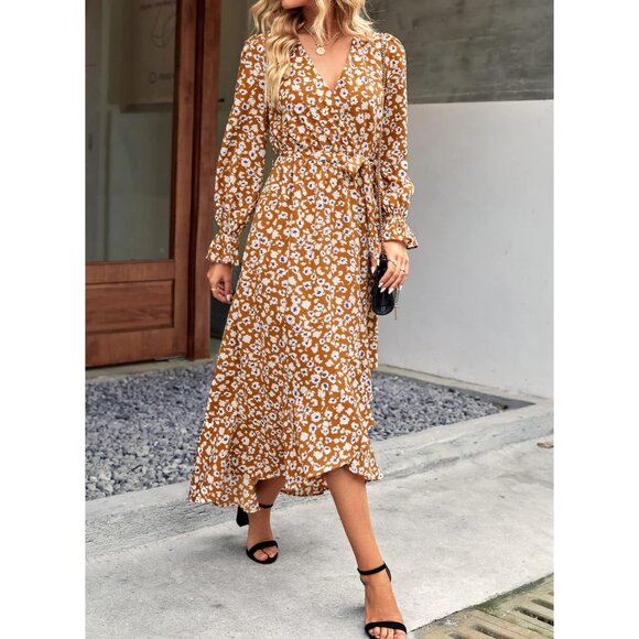 Elegant Floral V Neck Dress with Self Tie Belt - Stylish Wedding & Cocktail Look - Picture 2 of 5